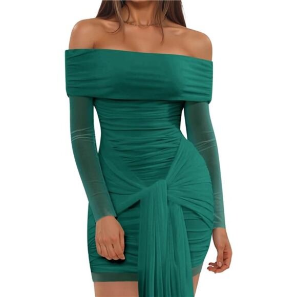 Womens Dress Off The Shoulder Long Sleeve Green - Picture 1 of 6